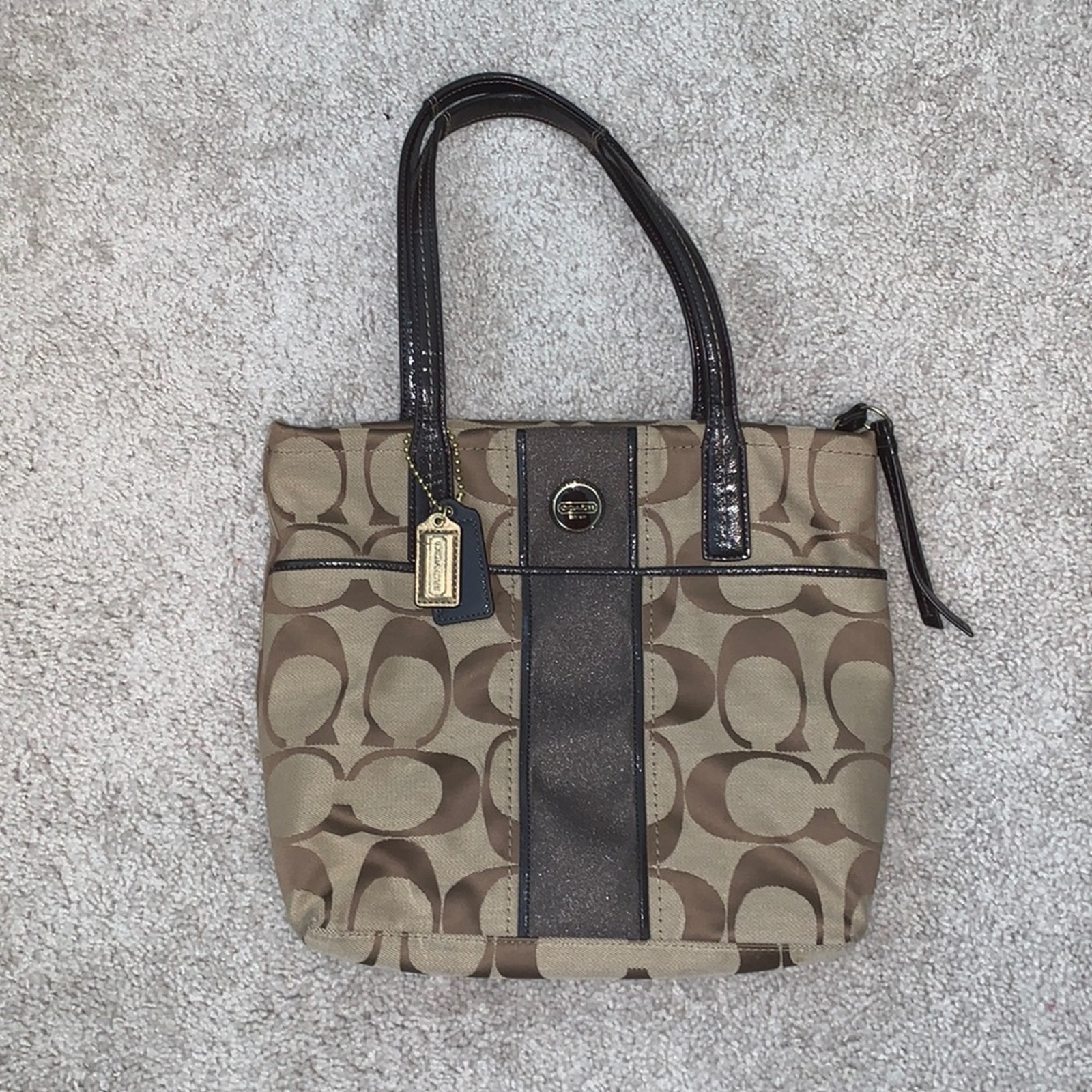 Coach Signature Canvas Jacquard Slim Shoulder Stripe Tote Bag Tan And Brown